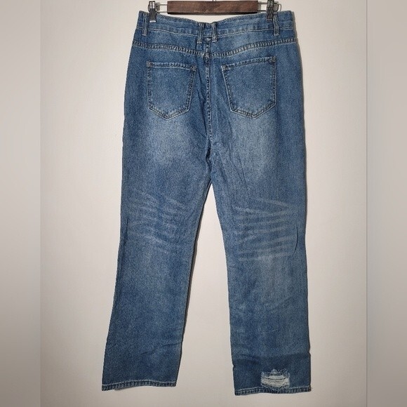 High-Waisted Wide leg Cropped Ankle Distressed Jeans Size Large - Picture 2 of 9